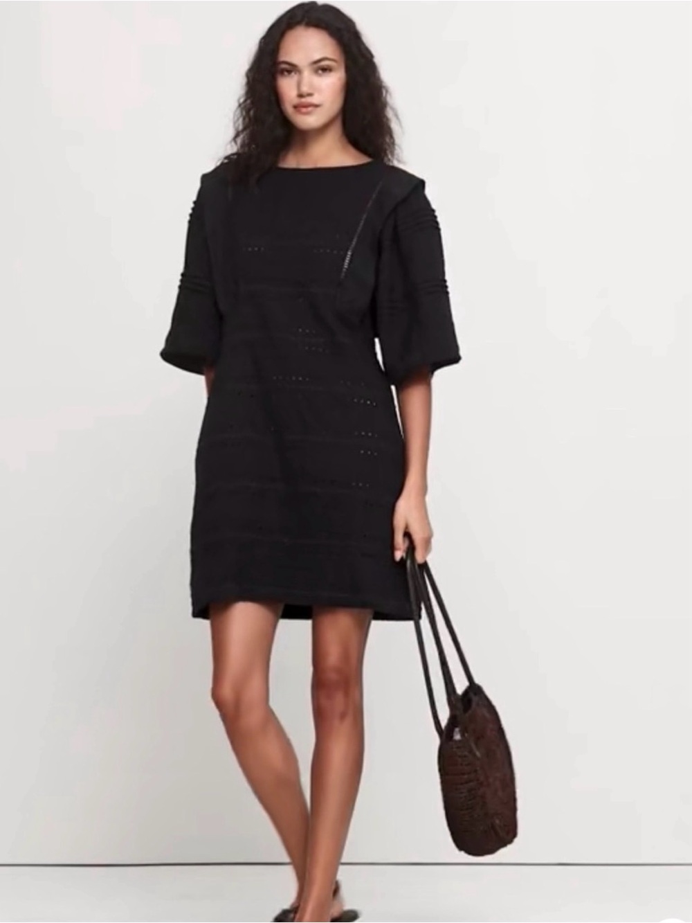 TALL Banana Republic Black Eyelet Tencel Mini Dress size M Tall